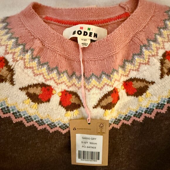 Boden Swing Fair Isle Sweater "Charcoal Grey Robins" size 11-12 NWT - Picture 5 of 6